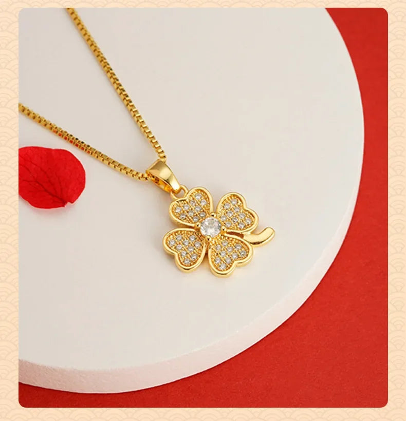 Real 14k Gold Color Clover Pendant with Zircon Box Necklace Chain for Women Luxury Jewelry Clavicle Chain Fine Jewelry Gifts