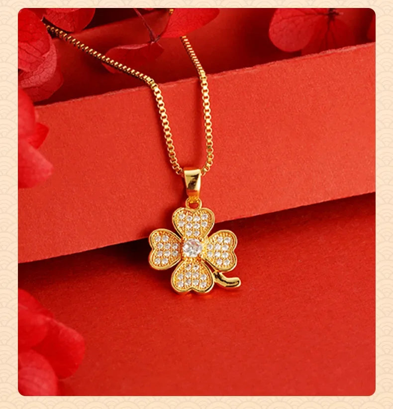 Real 14k Gold Color Clover Pendant with Zircon Box Necklace Chain for Women Luxury Jewelry Clavicle Chain Fine Jewelry Gifts