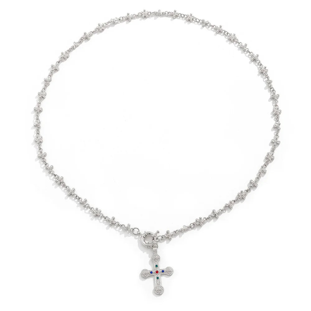 Zircon Cross Pendant Necklace for Women  Fashion Imitation Pearl Flower Beaded Choker Necklace