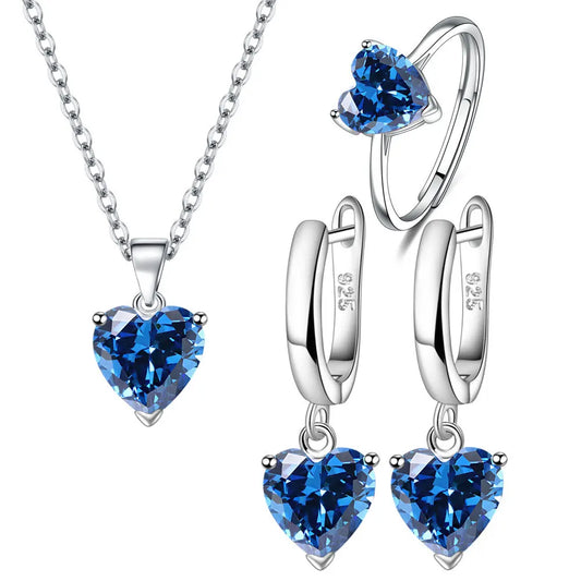 Heart Zircon 925 Silver Jewelry Sets Elegant Women's Ring Earrings Necklace Wedding Bridal Engagement Accessories