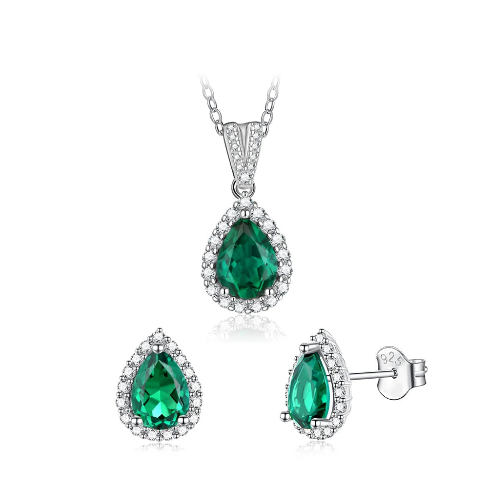 Pear Emerald Gemstone Jewellery Set for Women – S925 Sterling Silver Necklace & Stud Earrings, Elegant Wedding Gift