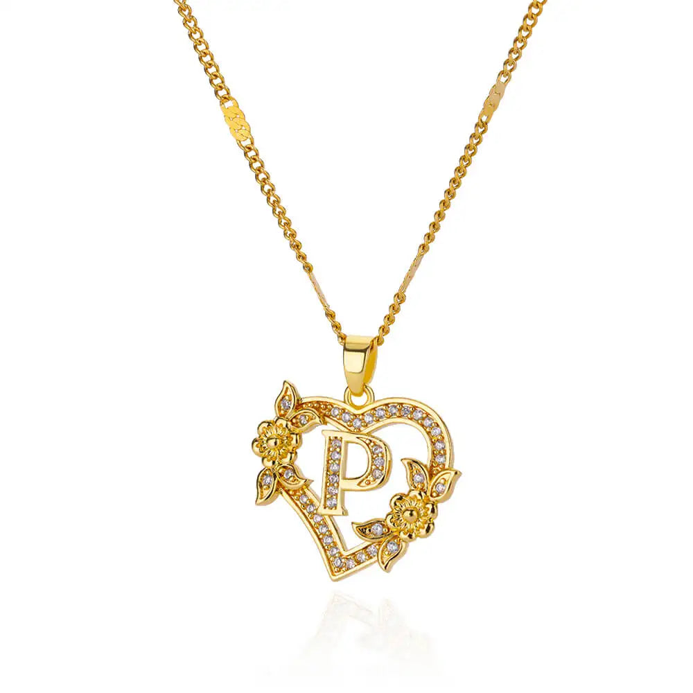 Flower Heart Initials Necklace for Women – Stainless Steel Gold-Coloured Letter Chain Collar Necklace