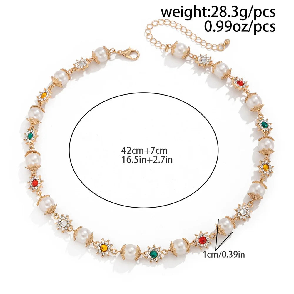 Zircon Cross Pendant Necklace for Women  Fashion Imitation Pearl Flower Beaded Choker Necklace