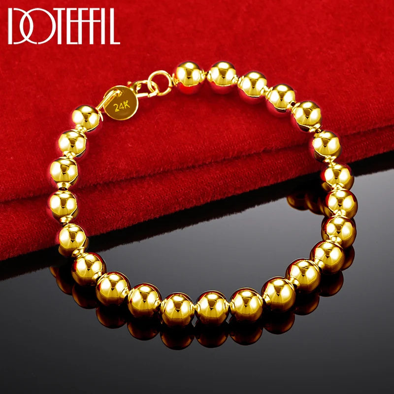 DOTEFFIL 925 Sterling Silver 18K Gold 8mm/10mm Hollow Circle Ball Beads Silver Beaded 20cm Bracelet Woman Charm Fashion Jewellery