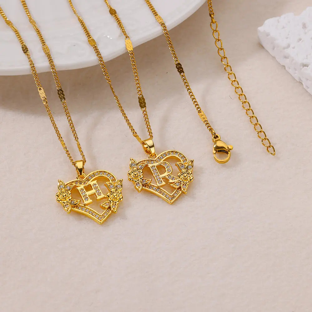 Flower Heart Initials Necklace for Women – Stainless Steel Gold-Coloured Letter Chain Collar Necklace