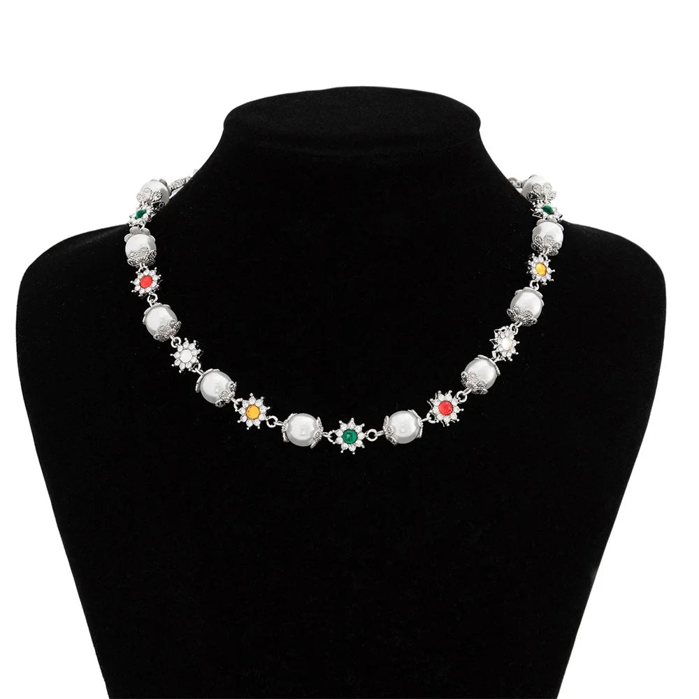 Zircon Cross Pendant Necklace for Women  Fashion Imitation Pearl Flower Beaded Choker Necklace