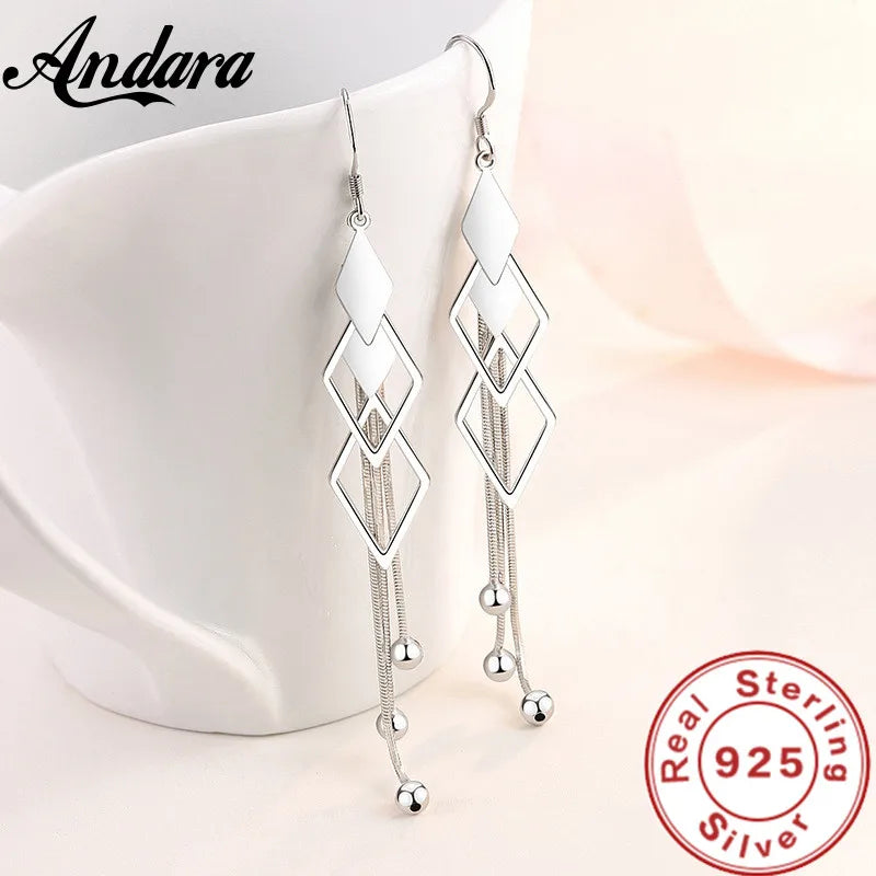 Sterling Silver Long Earrings Diamond-Shaped Geometric Earrings For Women's Wedding Charm Jewellery Gifts