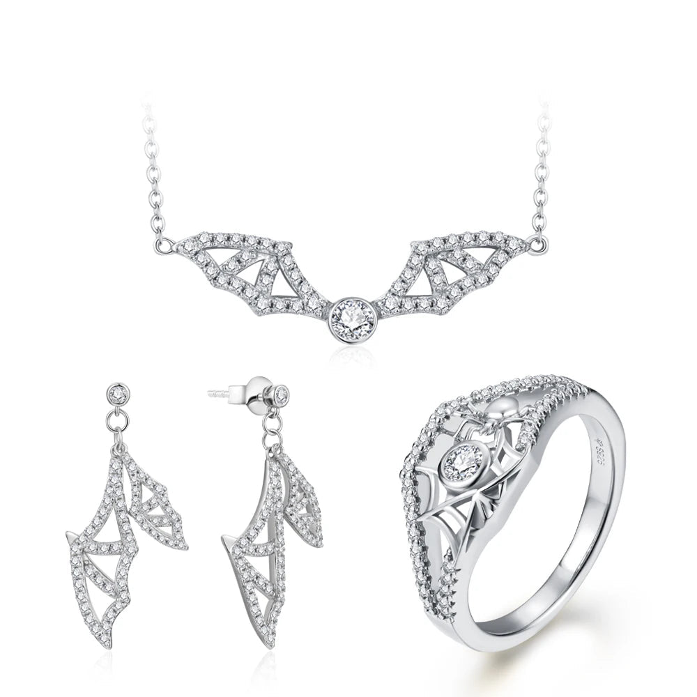 Exquisite Bat Wings Moissanite Jewellery Set – S925 Silver 3-Piece Ring, Earrings & Necklace for Women & Men