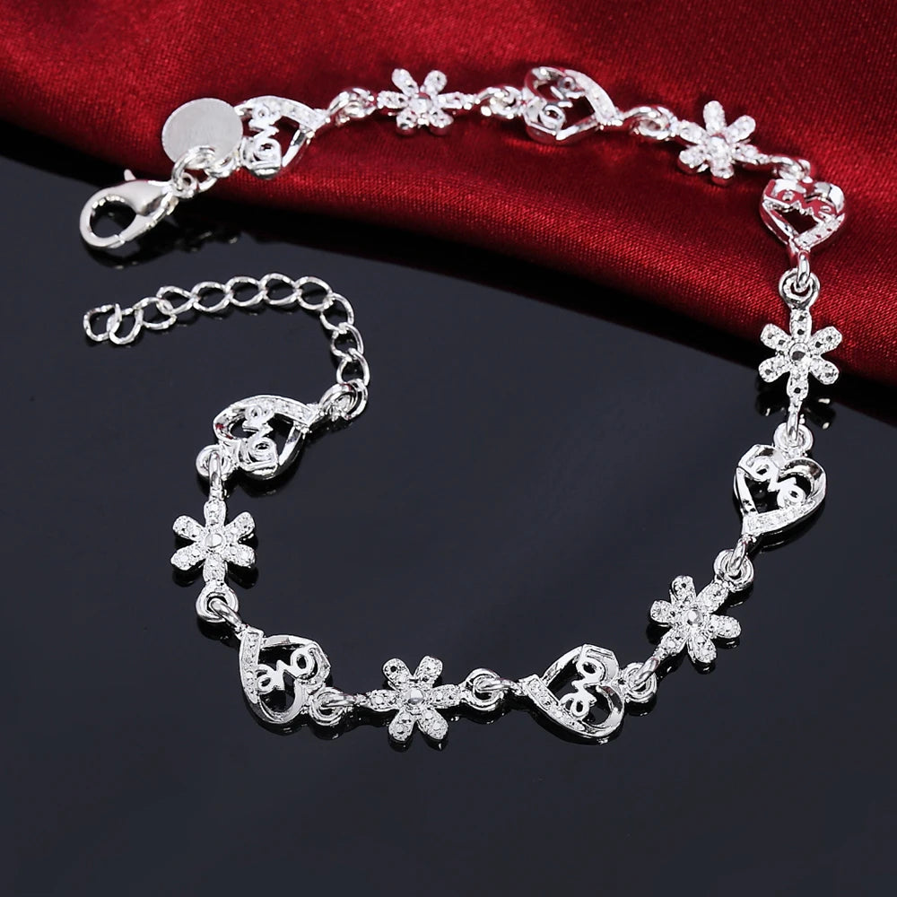 Hot Charm Women luxury Jewelry 925 Sterling Silver Flowers LOVE heart Chain Bracelets Fashion Wedding Party Christmas Gifts