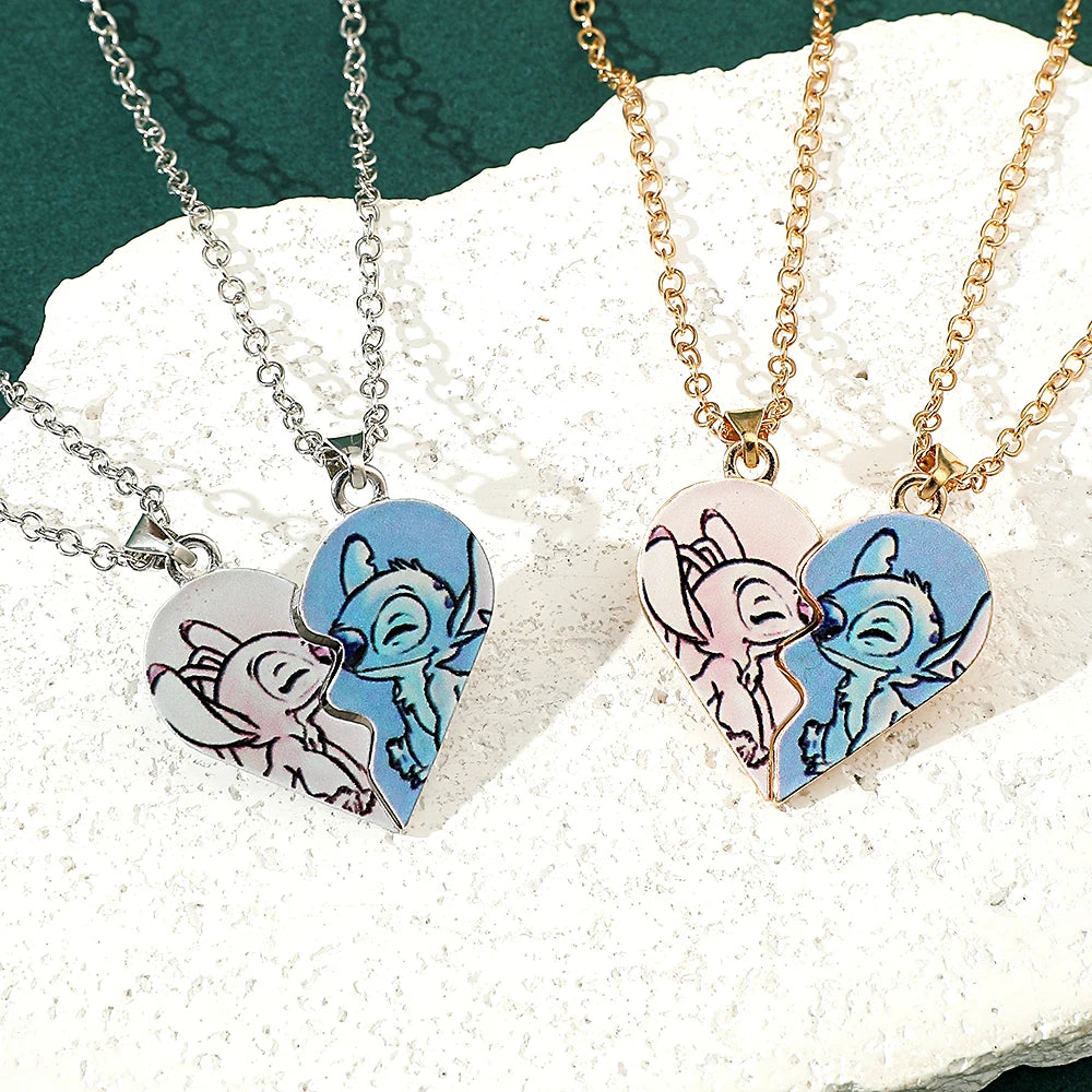 Disney Stitch Heart Necklace for Couples – Gold & Silver Colour, Angel & Stitch Design, Cute Pendant Jewellery