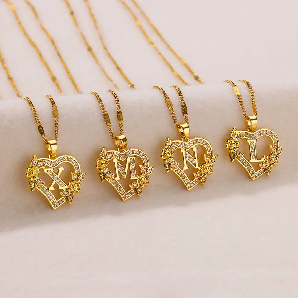 Flower Heart Initials Necklace for Women – Stainless Steel Gold-Coloured Letter Chain Collar Necklace