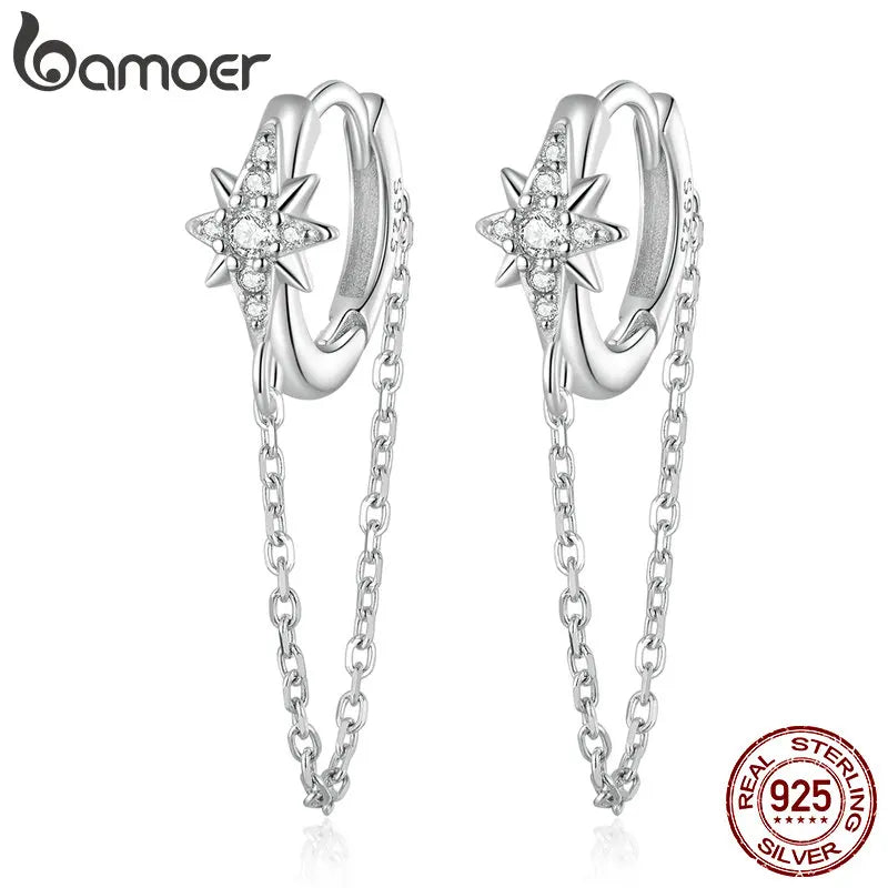 Bamoer 925 Sterling Silver Star Hoop Earrings Long Tassel Ear Buckles Pave Setting CZ for Women Fine Jewerly BSE699