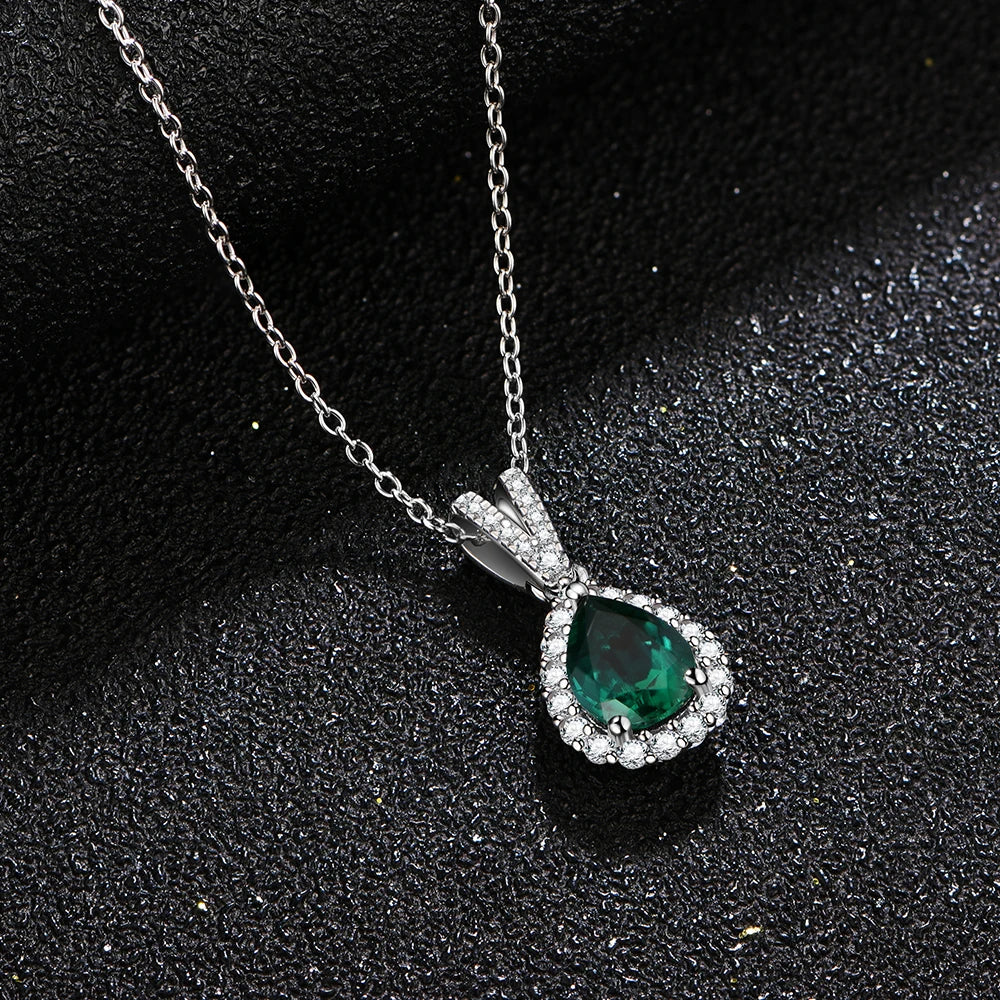 Pear Emerald Gemstone Jewellery Set for Women – S925 Sterling Silver Necklace & Stud Earrings, Elegant Wedding Gift