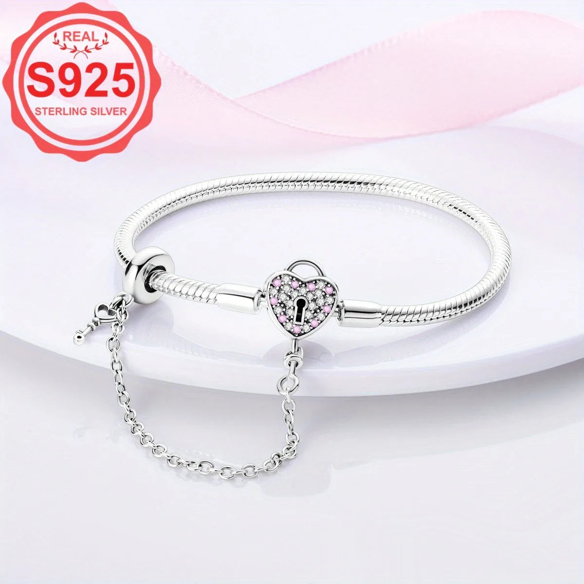 Sterling Silver Heart Key & Lock Bracelet with Zircon Accents – Elegant Women's Jewellery