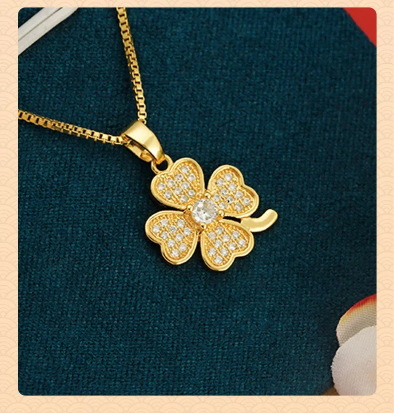 Real 14k Gold Color Clover Pendant with Zircon Box Necklace Chain for Women Luxury Jewelry Clavicle Chain Fine Jewelry Gifts