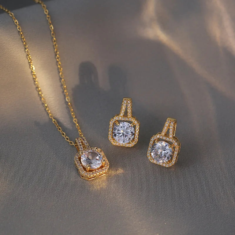 Square Zircon Necklace, Earrings, and Ring Set for Women – Luxury Wedding and Engagement Jewellery