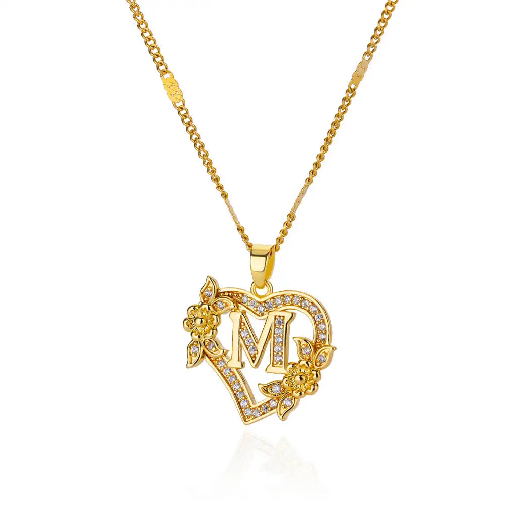 Flower Heart Initials Necklace for Women – Stainless Steel Gold-Coloured Letter Chain Collar Necklace