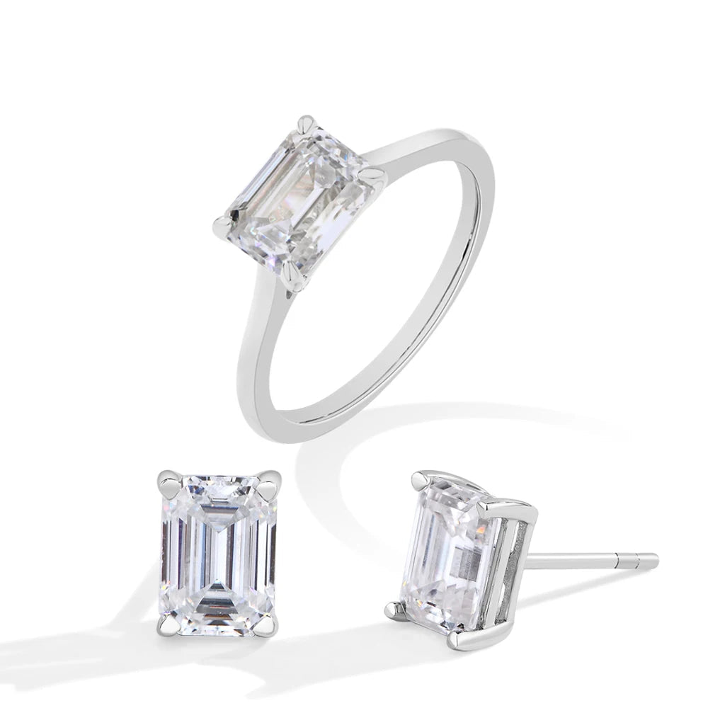 Emerald Cut Moissanite Jewelry Set for Women & Men – 2.0CT Diamond Ring & 1CT Stud Earrings | S925 Sterling Silver