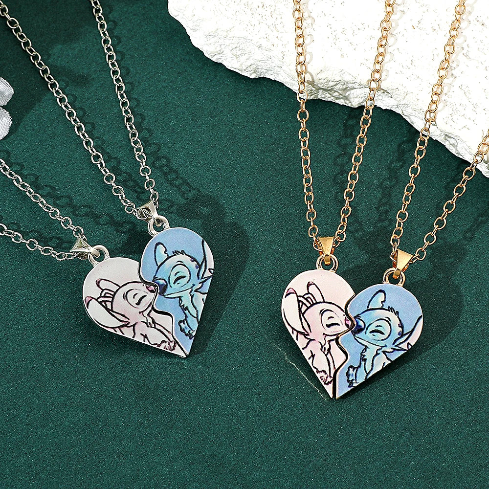 Disney Stitch Heart Necklace for Couples – Gold & Silver Colour, Angel & Stitch Design, Cute Pendant Jewellery