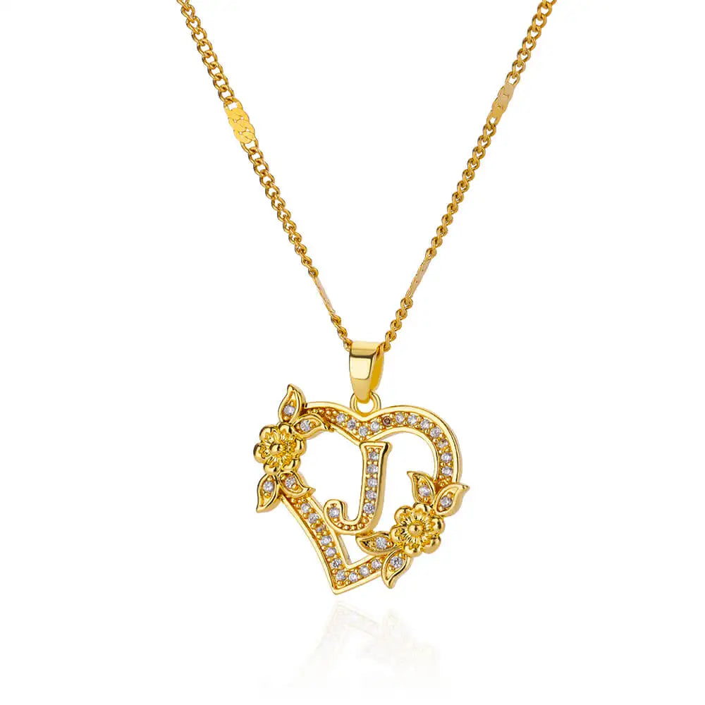 Flower Heart Initials Necklace for Women – Stainless Steel Gold-Coloured Letter Chain Collar Necklace