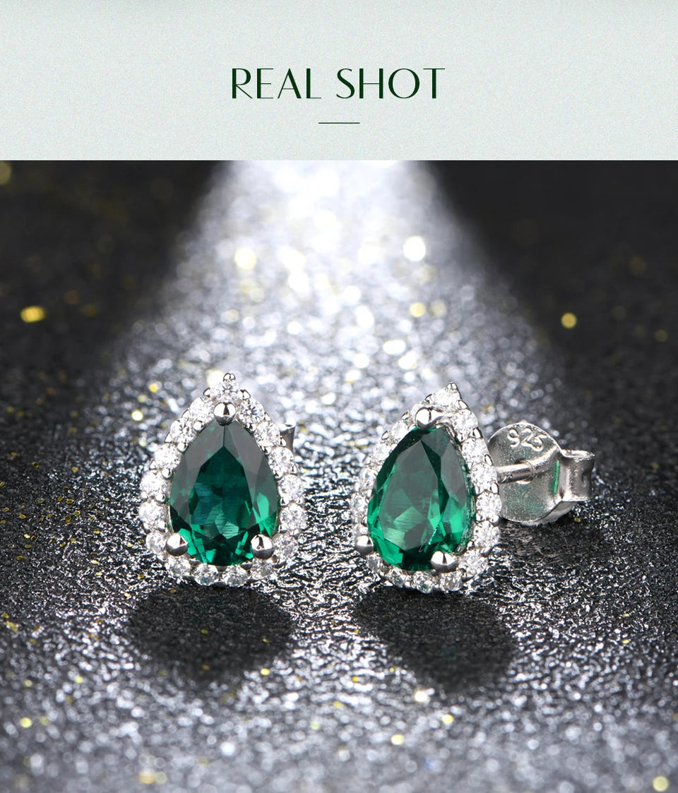 Pear Emerald Gemstone Jewellery Set for Women – S925 Sterling Silver Necklace & Stud Earrings, Elegant Wedding Gift