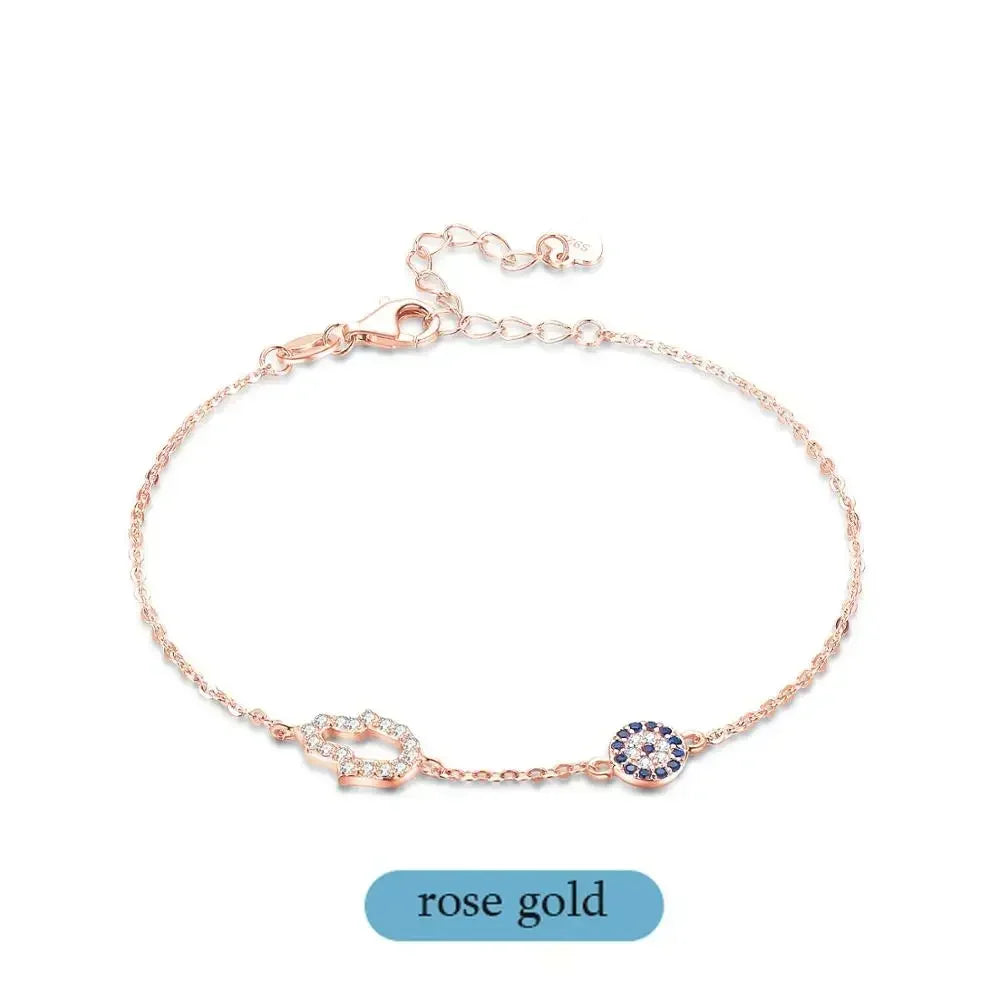 Kaletine 925 Sterling Silver Link Chain Bracelets For Women Hamsa Hand Evil Eye Charm Bracelet Turkish Rose Gold Jewelry