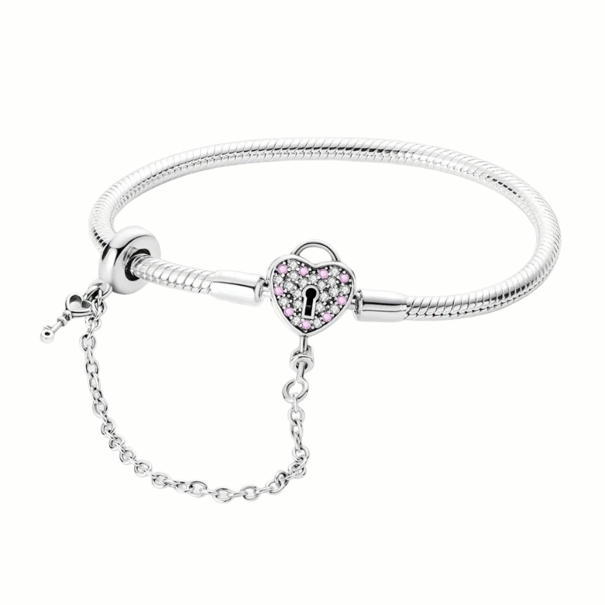 Sterling Silver Heart Key & Lock Bracelet with Zircon Accents – Elegant Women's Jewellery