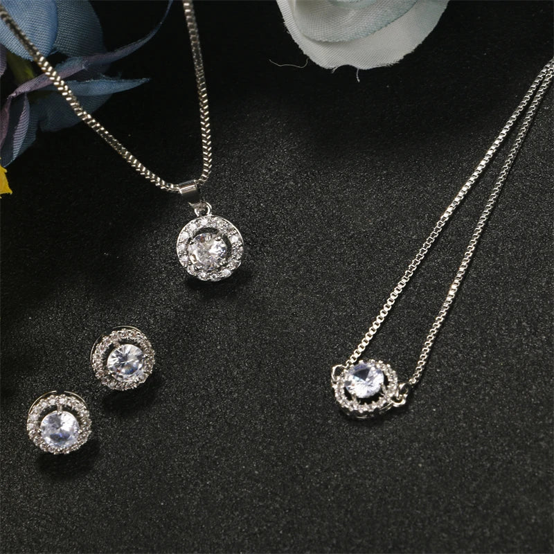 Geometric Round Zircon Pendant Necklace for Women – Clear AAA Zirconia Crystal Charm Chain Jewellery Set