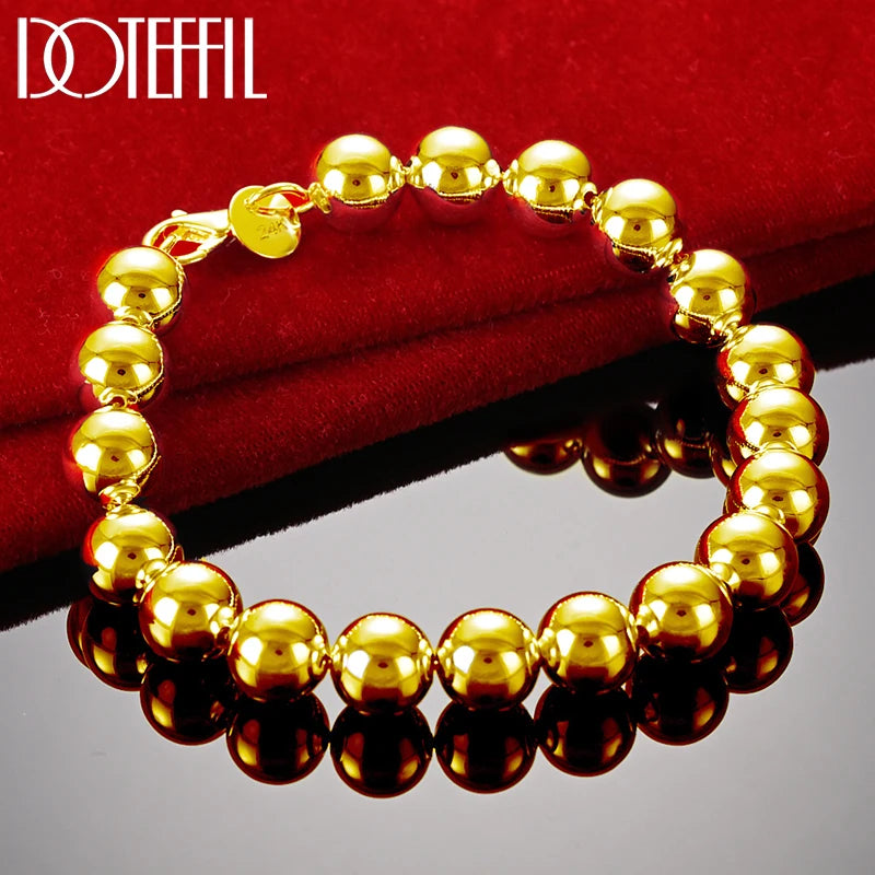 DOTEFFIL 925 Sterling Silver 18K Gold 8mm/10mm Hollow Circle Ball Beads Silver Beaded 20cm Bracelet Woman Charm Fashion Jewellery