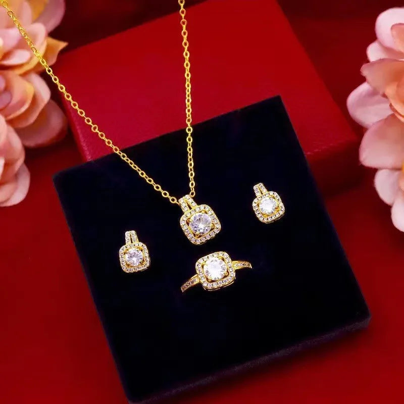 Square Zircon Necklace, Earrings, and Ring Set for Women – Luxury Wedding and Engagement Jewellery