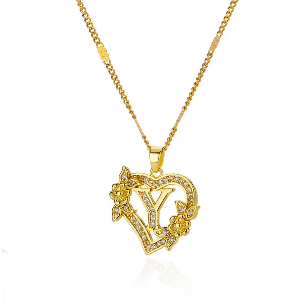 Flower Heart Initials Necklace for Women – Stainless Steel Gold-Coloured Letter Chain Collar Necklace