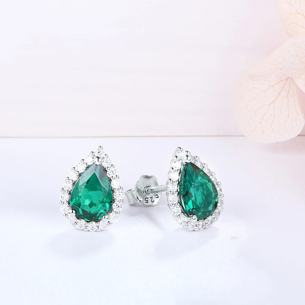 Pear Emerald Gemstone Jewellery Set for Women – S925 Sterling Silver Necklace & Stud Earrings, Elegant Wedding Gift