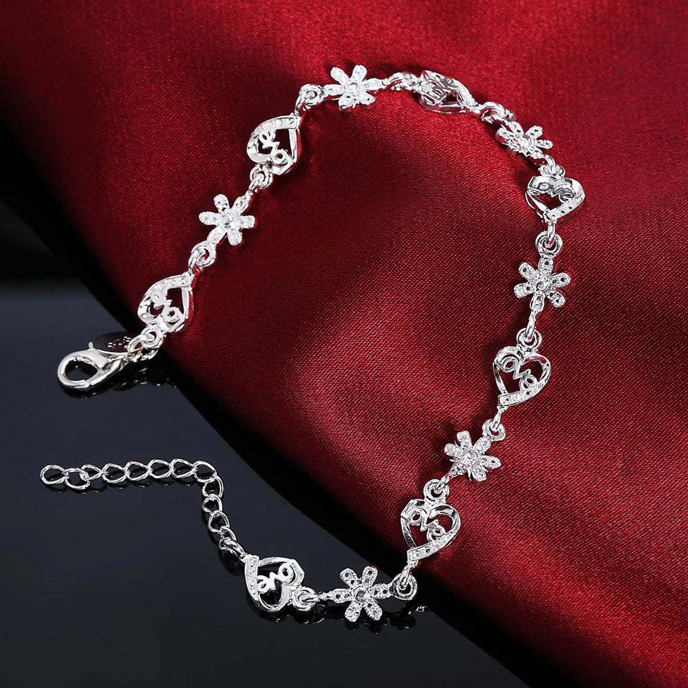 Hot Charm Women luxury Jewelry 925 Sterling Silver Flowers LOVE heart Chain Bracelets Fashion Wedding Party Christmas Gifts