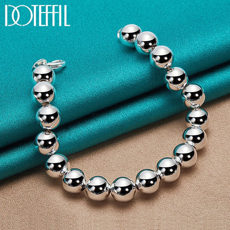 DOTEFFIL 925 Sterling Silver 18K Gold 8mm/10mm Hollow Circle Ball Beads Silver Beaded 20cm Bracelet Woman Charm Fashion Jewellery