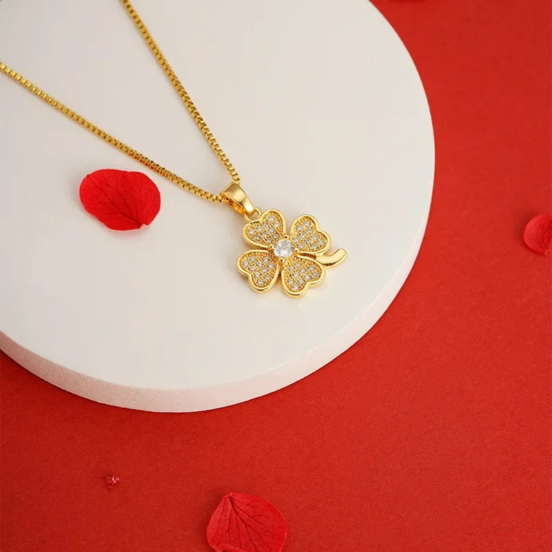 Real 14k Gold Color Clover Pendant with Zircon Box Necklace Chain for Women Luxury Jewelry Clavicle Chain Fine Jewelry Gifts