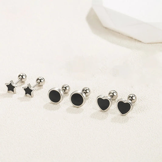 925 Sterling Silver Black heart Star Round Small Stud Earrings for Women Luxury Jewellery