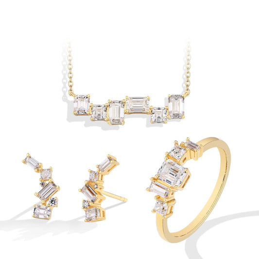 Baguette Emerald Cut Moissanite Jewelry Set for Women – Rings, Earrings, Necklace, S925 Sterling Silver, 3-Piece Wedding Gift