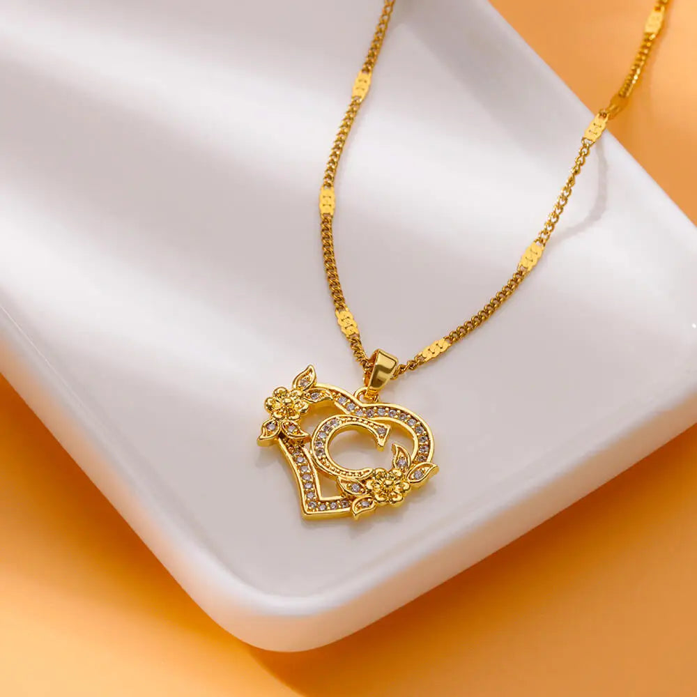 Flower Heart Initials Necklace for Women – Stainless Steel Gold-Coloured Letter Chain Collar Necklace