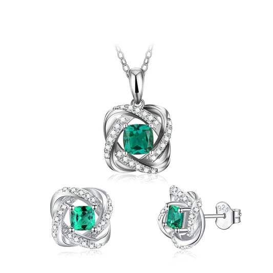 Sterling Silver Lab-Grown Emerald Gemstone Jewellery Set for Women – Stud Earrings & Pendant Necklace, Vintage Lady Gifts