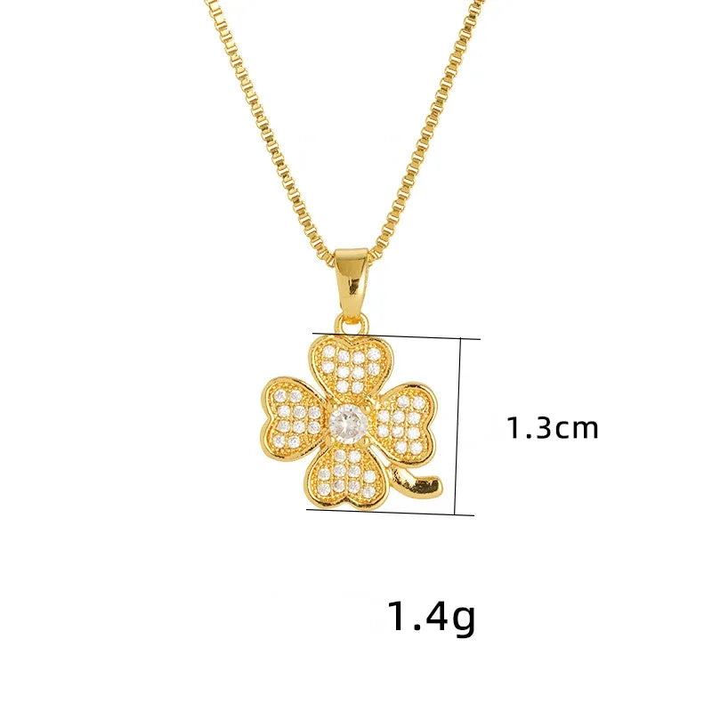 Real 14k Gold Color Clover Pendant with Zircon Box Necklace Chain for Women Luxury Jewelry Clavicle Chain Fine Jewelry Gifts