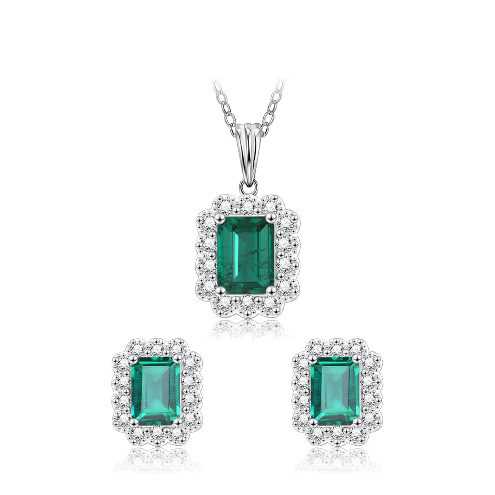 Emerald Gemstone Jewelry Set for Women – Earrings, Necklace & Pendant, S925 Silver, White Gold Plated