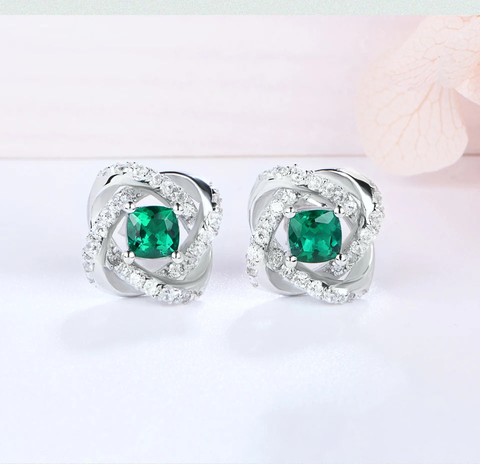 Sterling Silver Lab-Grown Emerald Gemstone Jewellery Set for Women – Stud Earrings & Pendant Necklace, Vintage Lady Gifts