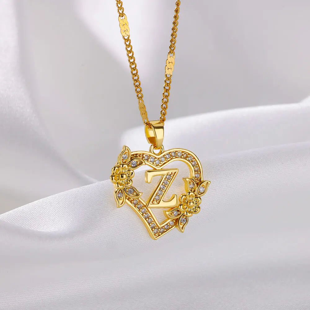 Flower Heart Initials Necklace for Women – Stainless Steel Gold-Coloured Letter Chain Collar Necklace