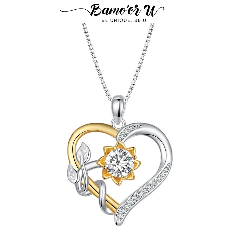 Bamoer U D Color VVS1 EX 1.0CT Moissanite Necklace Heart Pendant Golden Flower Box Chain S925 Original Design Valentine Gift