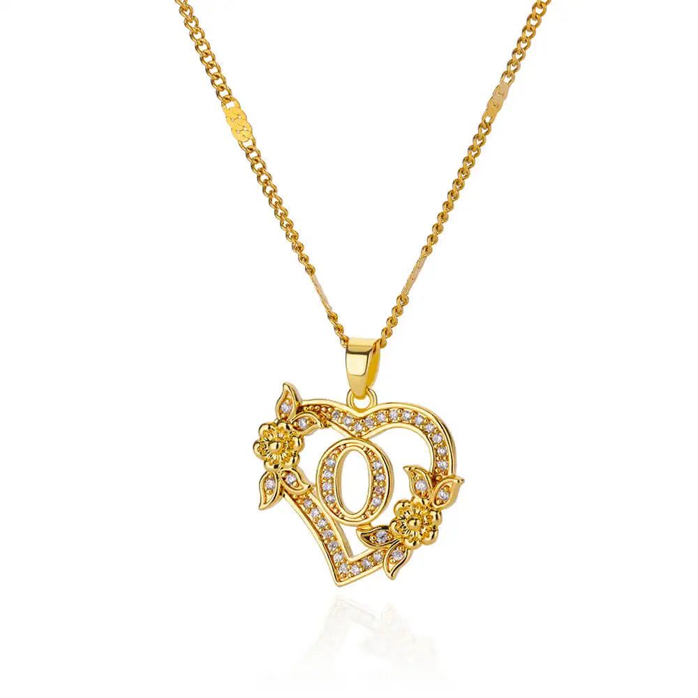 Flower Heart Initials Necklace for Women – Stainless Steel Gold-Coloured Letter Chain Collar Necklace