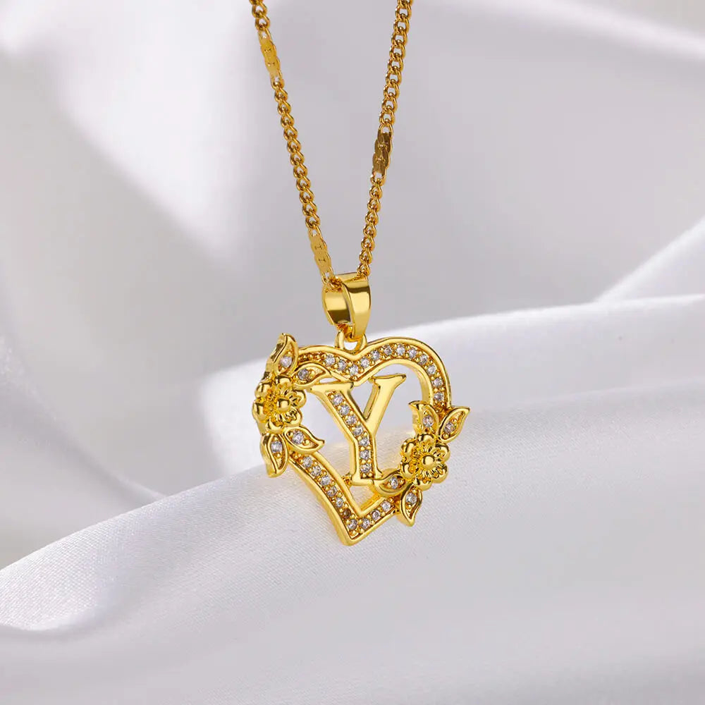 Flower Heart Initials Necklace for Women – Stainless Steel Gold-Coloured Letter Chain Collar Necklace