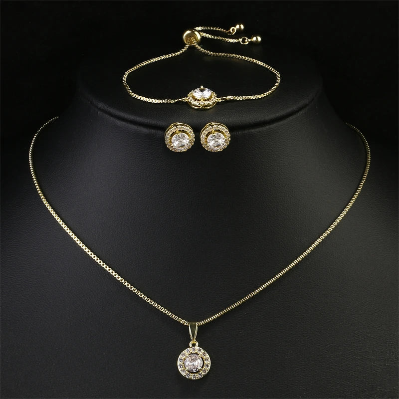 Geometric Round Zircon Pendant Necklace for Women – Clear AAA Zirconia Crystal Charm Chain Jewellery Set