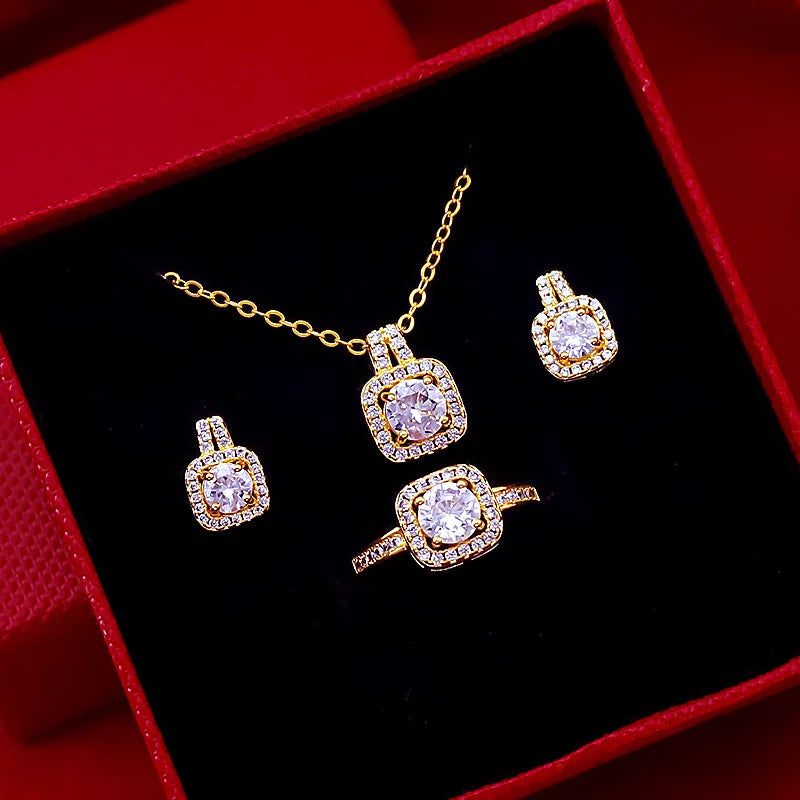 Square Zircon Necklace, Earrings, and Ring Set for Women – Luxury Wedding and Engagement Jewellery