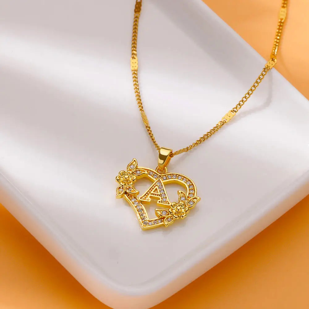 Flower Heart Initials Necklace for Women – Stainless Steel Gold-Coloured Letter Chain Collar Necklace