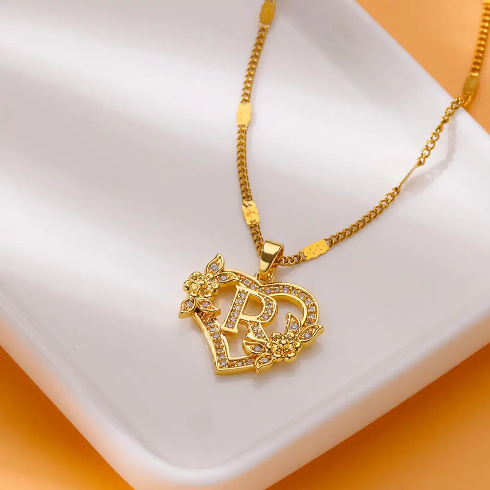 Flower Heart Initials Necklace for Women – Stainless Steel Gold-Coloured Letter Chain Collar Necklace